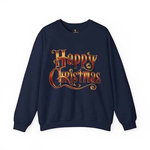 Pull de Noël Happy Christmas bleu marine en taille S pour homme et femme