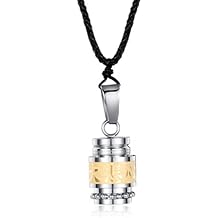 Mens Stainless Steel Open Lucky Buddha Mantra Pendant Necklace Bottle Container Memorial with Braided Rope