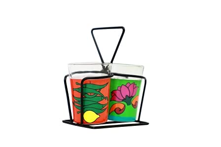 TopsyTurvy Lotus Flowers and Nimbu Mirchi Theme Hand Painted Traditional Tapri Tea Glasses with Iron Container Stand Holder (Set of 2, 90ml) 1