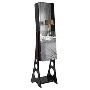 Volledige Spiegel Hout, Vloer-staande 3-lag Plank, 4 Laden, 8 Blauwe Led-verlichting, Verstelbare Gebogen Spiegelkast Voor Sieraden Opslag-donkerbruin