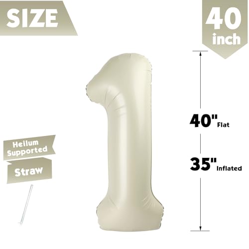Image of 40 Inch Cream Number 1 Balloon Birthday Party Decorations for Men & Women | 40 Inch Cream inflatable foil number balloons, large birthday decorations for 1st birthday