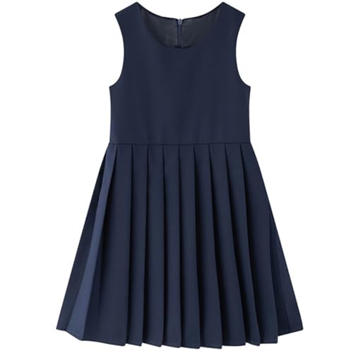 Image of KISLOVE Girls School Dress Uniform Jumper Dress Crew Neck A-Line Sleeveless Pleated Dress, Navy 3-4 Years