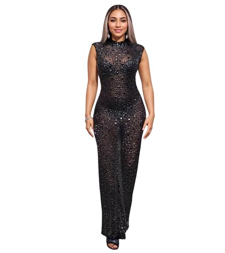 Image of Jigfar Women Sexy Embellished Rhinestone Bodycon Jumpsuit Mesh See Through Patchwork Birthday Party Night Out Clubwear