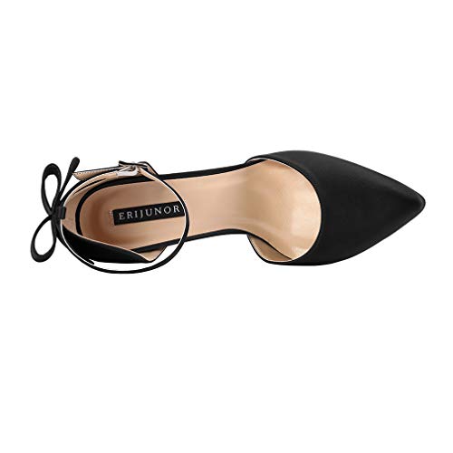 Image of ERIJUNOR Wedding Evening Party Shoes Comfortable Mid Heels Pumps with Bow Knot Ankle Strap Wide Width Satin Shoes