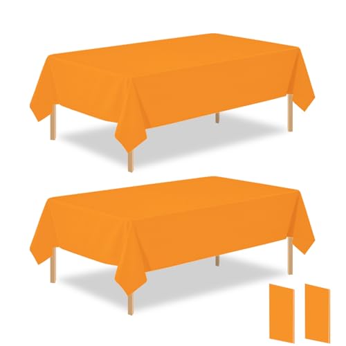 PUSAEN 2 Pack Orange Plastic Table Cloth Disposable Rectangle Tablecloth 54 x 108 Inch Orange Plastic Table Covers for Birthday Wedding Banquet Picnic Holiday Party Decorations