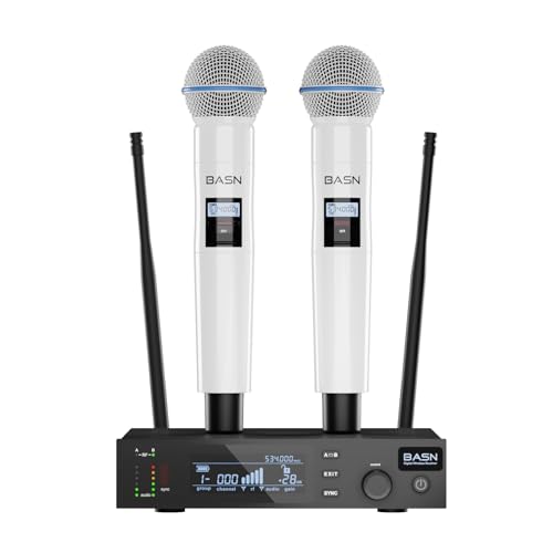 BASN UHF Dual Channel Wireless Microphone System, Handheld Mics for Stage, Karaoke, Weddings, DJ, and Events (White)