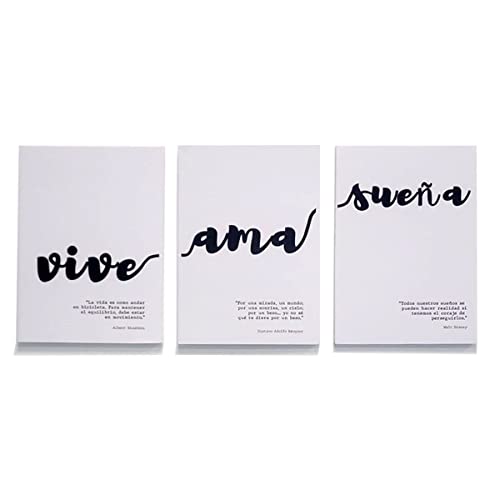 BOEMY Set de 3 Láminas Decorativas sobre Cartón Pluma, Estilo Nórdico de Frases Motivadoras Blanco y Negro [ VIVE AMA SUEÑA ] 3 cuadros en Foam Vive Ama y Sueña para colgar en cartón pluma Tamaño A4.