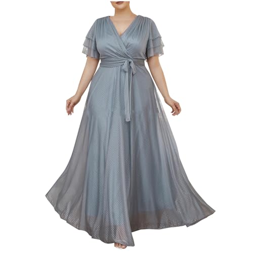 Vestido de invitado de boda para mujer, vestido largo de noche, elegante, para boda, cuello de pico, vestido de dama de honor con cinturón, talla grande, cintura alta, vestido envolvente, vestido de