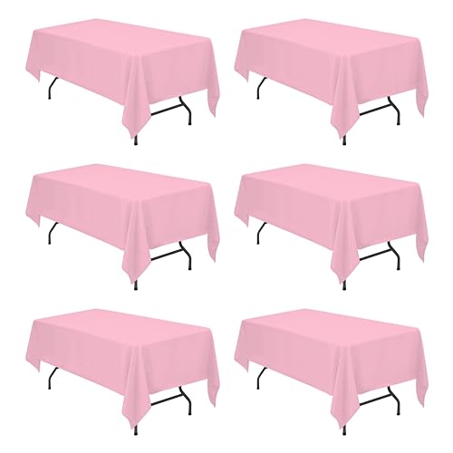 Image of BRILLMAX 6 Pack Pink Tablecloths 60x102 Inch for 6ft Rectangle Tables | 150 GSM Polyester Fabric, 15 inch Standard Drop, Water, Stain & Wrinkle Resistant Cloth Cover for Wedding Reception Banquet Party