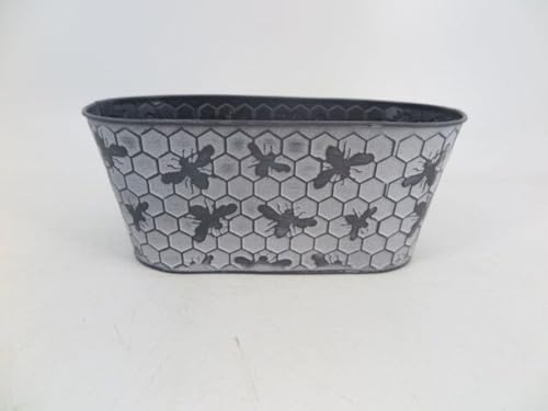 212 Main Black Bees on White Washed Honey Comb Pattern Metal Planter