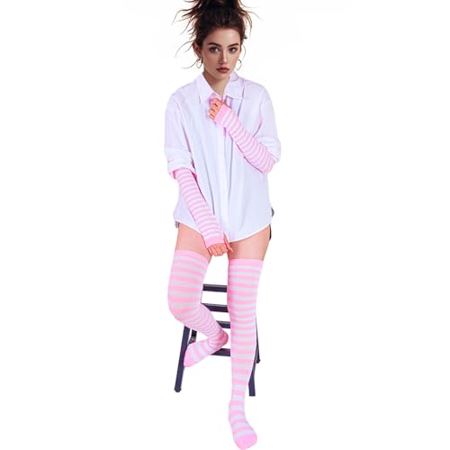 Image of Tongcloud Women's Striped Knee High Socks, Over Knee Thigh High Socks, Arm Warmer and Fingerless Gloves Set