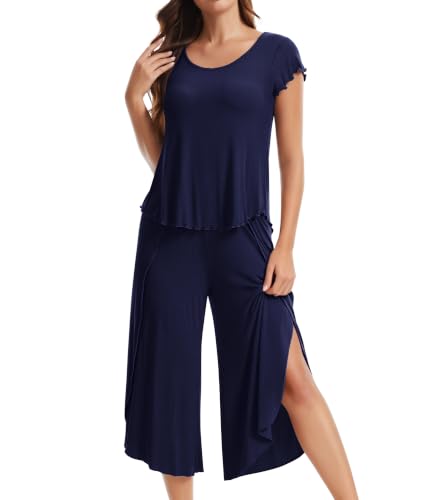 Image of NACHILA Women's Pajamas Set-Viscose Made from Bamboo,Short Sleeve Sleepwear Soft Pjs with Capri Pants Loose Loungewear