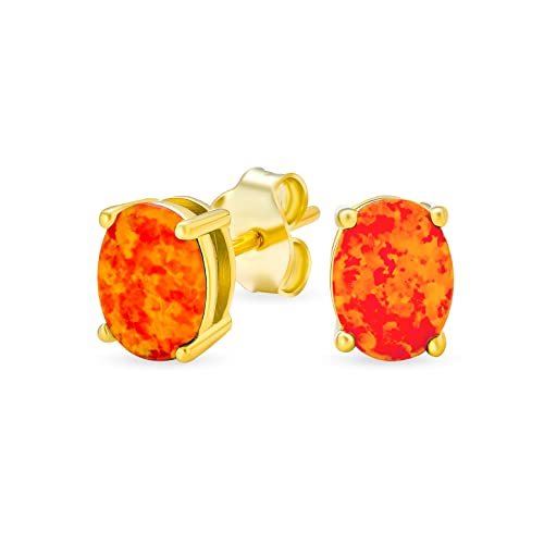 Simple Classic Fire Orange Opulence Gemstone Created Opal Oval Stud Earrings 14K Yellow Gold Plated .925 Sterling Silver 7MM October Birthstone