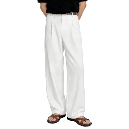Heyfanee Linen Pants Men Casual Loose Fit Summer Beach Pants Elastic Waist White 36W x 30L