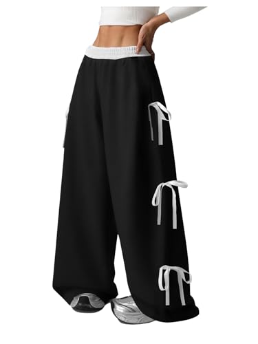 Verdusa Girl's Coquette Bow Wide Leg Baggy Pants Lightweight Cute Sweatpants with Pockets