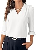Dokotoo Damen Bluse Kurzarm Falten Tunika Elegant V Ausschnitt 3/4 Arm Hemdbluse Sommer Chiffon Oberteile Casual Business Outfit Shirts Top, weiß, M