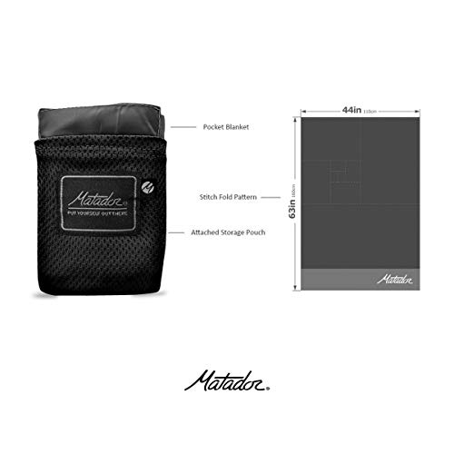 Matador Pocket Blanket New Version, Picnic, Beach, Hiking, Camping. Water Resistant with Built-in Ground Stakes (Black)