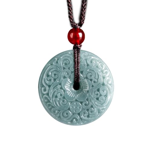 BJIMIDTI Donut Jade Necklace 26mm Natural Green Jade Circle Coin Pendant Good Luck Amulet Carved Flower Jade Jewelry Gifts, Grade A Jadeite Charm Pendant