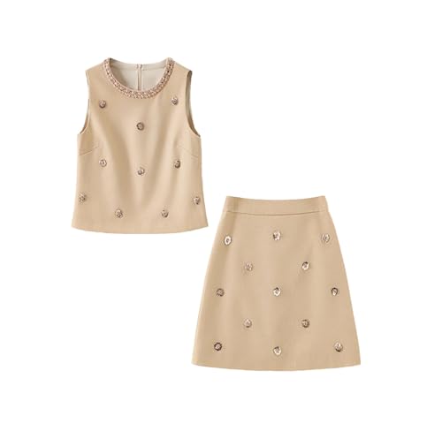 Conjunto de dos piezas para mujer, elegante, holgado, cuello redondo, sin mangas, con diamantes empalmados y minifalda, amarillo, L