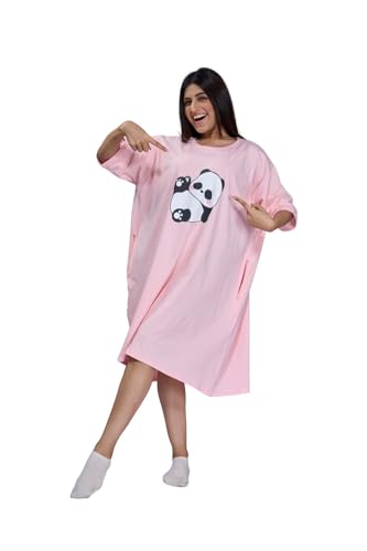 Image of LAMA STORE Women's Printed Oversized T-Shirt Dress, Cotton, 3 /4 Sleeve Length, Casual Loose Fit, Comfort Wear Extra Comfy Oversized Printed Pocket T-Shirt Dress