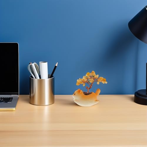 Árbol de cristal con base de gato amarillo para decoración de estanterías 7