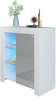 Artist Hand Sideboard Cabinet Cupboard Unit With Matt Body & High Gloss Grey Door Glass Shelves Display Cabinet Unit For Living Room Dining Room Furniture W/Free LED Light
