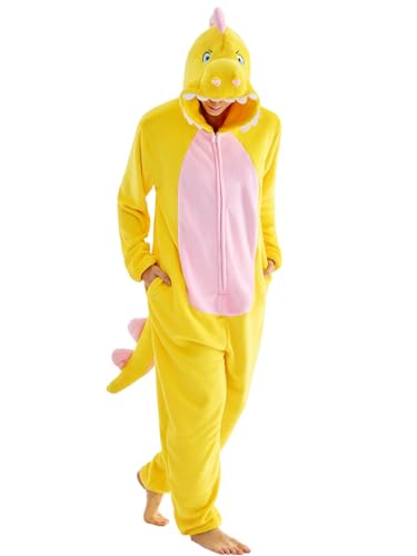 JUOLOET Unisex Adult Onesie Pajamas Dinosaur Animal One Piece Snug Fit Halloween Costume Sleepwear Homewear（Yellow Pink Dinosaur,X-Large）