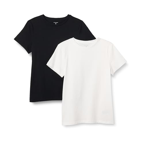 Amazon Essentials Damen Kurzarm-T-Shirt mit Rundhalsausschnitt, Regular Fit aus 100 % Baumwolle, 2er-Pack, Schwarz/Weiß, M