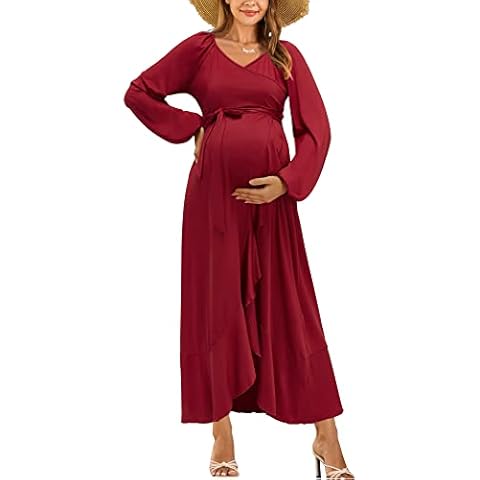 OUGES Women's Maternity Dresses Nursing Maxi Wrap Pregnancy Dress for Photoshoot Baby Shower Dress(Wine,M) Cover