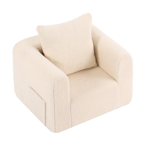 Welnow Kids Sofa with Pillow, Cozy Toddler Chair Soft Foam Seat for Reading, Children's Couch with Armrest Lightweight Comfy Kids Furniture for Bedroom, Playroom for Boys and Girls, Sherpa Beige