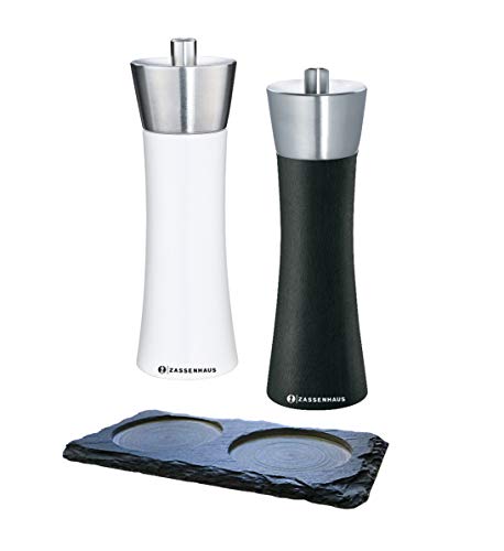 Zassenhaus Set Augsburg 18 cm Pfeffermühle & Salzmühle schwarz weiß & Schieferuntersetzer Cover