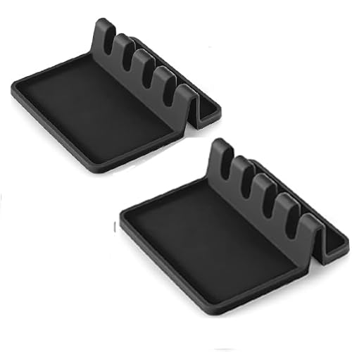 LALOCAPEYO 2 Pcs Silicone Spoon Rest for Kitchen Table with Drip Pad, Holder for Stove and Table, Heat Resistant, Non Slip, BPA Free, Grill Utensil Holder for Spoons/Ladles/Spatulas/Forks (Black)