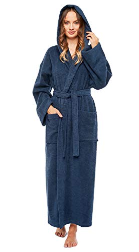 Peignoir à capuche femme en coton bleu long contre le froid pour un réconfort absolu