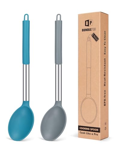 Comparison: Best Cooking Spoons For Non Stick Pans 9 Pack of 2 Large Silicone Cooking Spoon Non Stick Solid Basting Spoons Heat-Resistant Kitchen Utensils for Mixing Serving (Gray-Blue)