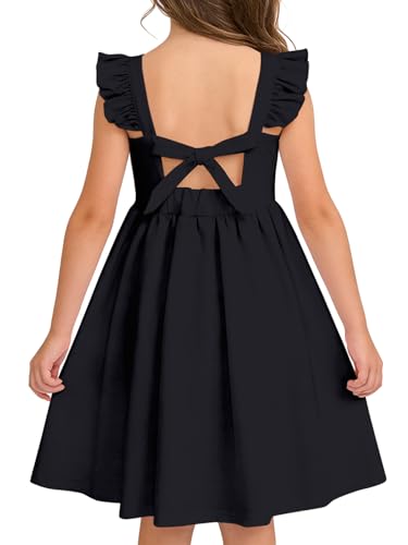 Vieille Black Dress for 6T Girls Summer Tie Back Dresses Ruffle Beach Cotton Sundresses Size 6-7