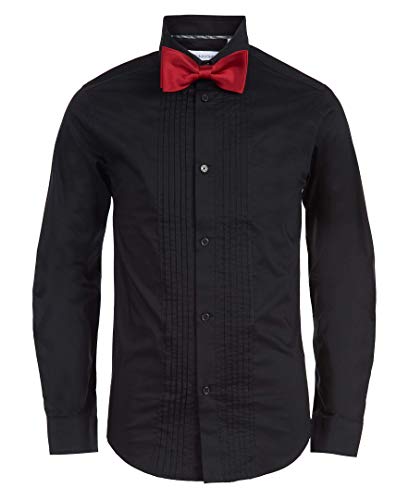 Calvin Klein Boys' Big Long Sleeve Tuxedo Shirt with Bow Tie, Pleated Black
