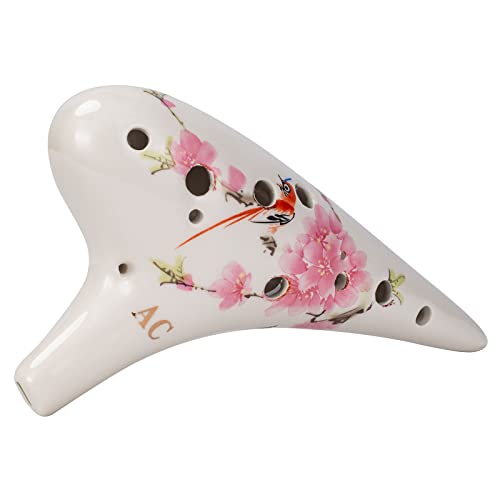 Deekec 12 Hole Ceramic Ocarina "Singing Birds and Fragrant Flowers", Hand Painting 12 Hole Alto C with Song Book and Bag