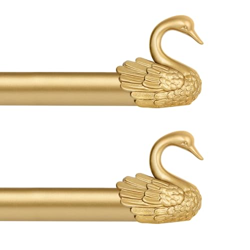 Image of TANGWIN Gold Decorative Curtain Rods for Windows:Adjustable Farmhouse Curtain Rod for Bedroom Living Room,Heavy Duty Rustic Drapery Rods with Vintage Swan Finials Easy Install,Brass Gold 2 Pack 18-45"