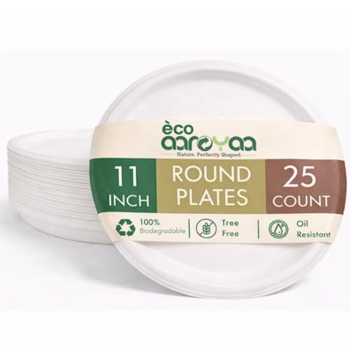 Image of Eco Aaroyaa Sugarcane Bagasse Disposable Plates - 11 Inch - Eco-Friendly Disposable Plate for food - Biodegradable Paper Plate - Strong and Sturdy, Oil & Water Resistant use and throw plates (25 Pack)