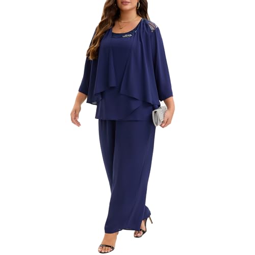 Plus Size Mother of Bride 3 Piece Chiffon Pantsuit Embroidered Lace Sequins Wedding Guest Formal Evening Attire4