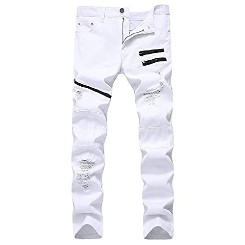 YINLANG Mens Skinny Holes Jeans Ripped Straight Hip Hop Biker Stretchy Jeans(White,28)