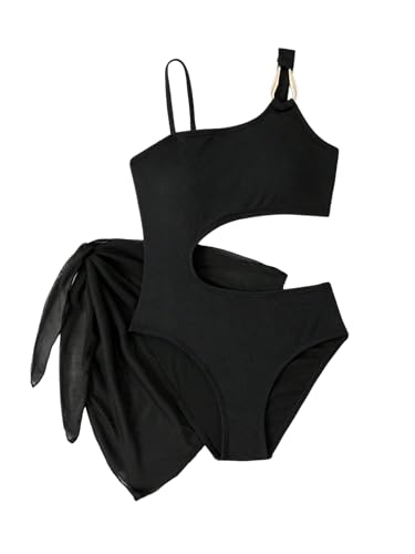 SweatyRocks Girl's Cut Out One Piece Swimsuit Asymmetrical Bathing Suit with Mesh Coverup Skirt