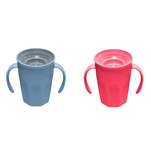 Image of Dr. Brown's Milestones Cheers 360 Spoutless Transition Cup with Handles, Travel Friendly and Leak Free Sippy for Babies and Toddlers, Blue and Pink, BPA-Free, 7 oz/200 mL, 6m+