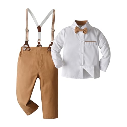 Image of Boarnseorl Baby Boys Pants Sets,Toddler Gentleman Outfits, Infant Long Sleeve Shirt + Pants + Bow Tie + Suspenders,5-6Y