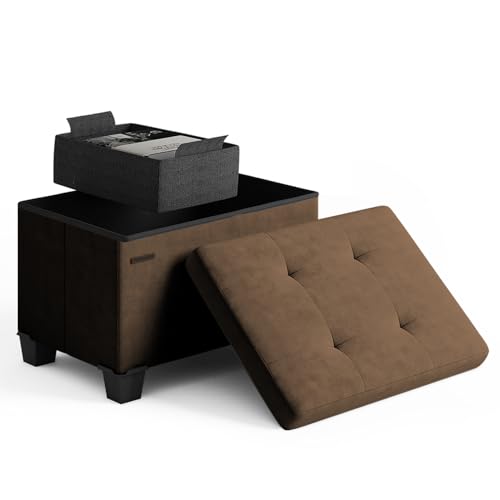 Storage Ottoman Cube with Small Bin, 16-in Square Ottoman with Storage for Living Room and Bedroom, Small Ottomans Foot Rest, Velvet Foot Stools Ottomans Max 330lbs, Brown
