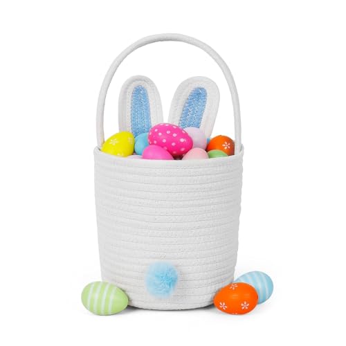 Image of Wepop Easter Baskets for Kids Woven Bunny Basket with Handle Egg Hunting Easter Bucket for Boys and Girls