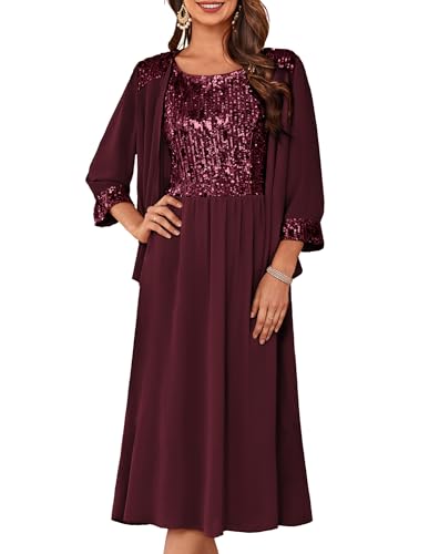 Image of GRACE KARIN Formal Wedding Guest Dress Sequin Mother of The Bride Dresses | Two Piece,3 /4 Sleeve,Tea Length,Crew Neck,Fit and Flare,Chiffon,Suitable for Spring /Summer /Fall /Winter /Cocktail /Party /Prom