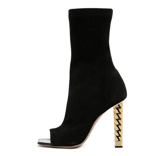 FYS Women's Square Open Toe Ankle Boots Gold Block High Heel Booties Side Zipper Party Dance Club Shoes Size 4-16 US2