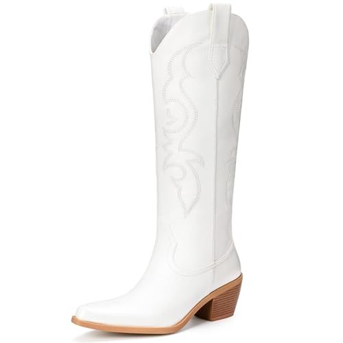 Platikly White Cowboy Boots for Women - Embroidered Western Cowgirl Boots, Wide Calf Knee High Tall Footwear, Almond Pointed Toe Chunky Heel Pull On Zipper Classic Retro Country Style US 8