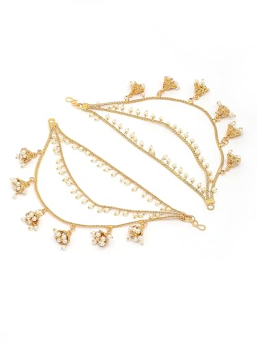 Image of Sukkhi Classical Traditional 18k Gold Plated with Brass Metal & Pearls Studded Jhumka /Jhumki Multi Layer Ear Kan Chain Earring Jewellery for Women & Girls|Bahubali Inspired Long Chain